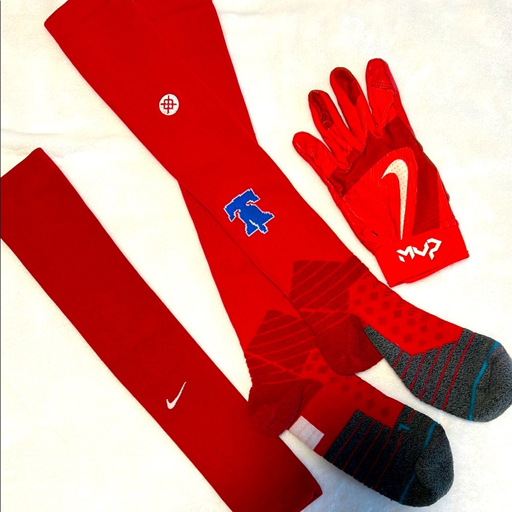 Phillies Stance baseball sock,  Nike batting glove and Nike arm sleeve